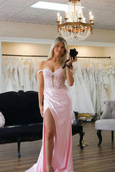 Satin Mermaid Off-the-Shoulder Prom Dresses With Lace Appliques